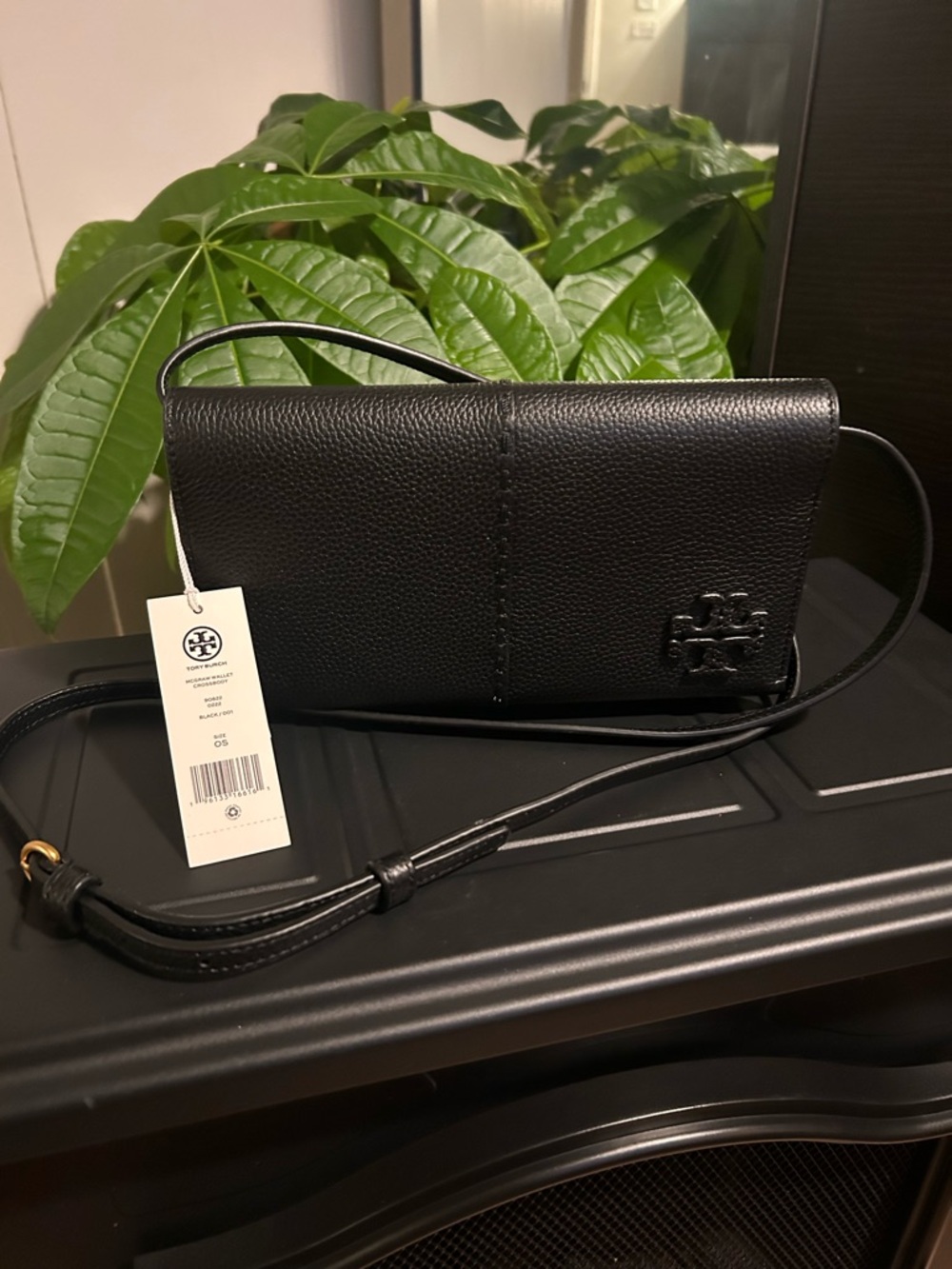 Tory Burch McGraw Pebble Leather Wallet Crossbody Clutch Black $328 NWT